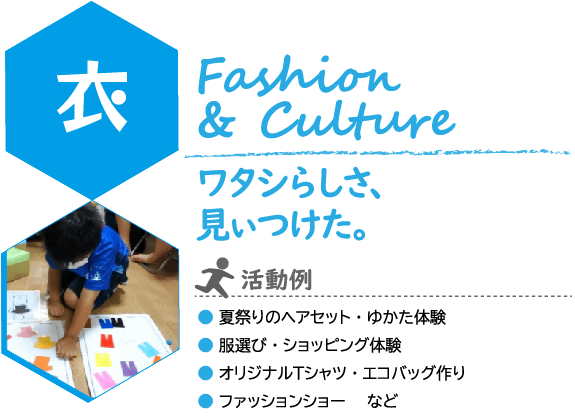 こどもILP　衣（い）　コンセプト
Fashion & Culture
ワタシらしさ、見ぃつけた。
写真：Tシャツとズボンのカラーコーディネートを考えるワークショップの様子
活動例：夏祭りのヘアセット・ゆかた体験
服選び・ショッピング体験
オリジナルＴシャツ・エコバッグ作り
ファッションショー　など