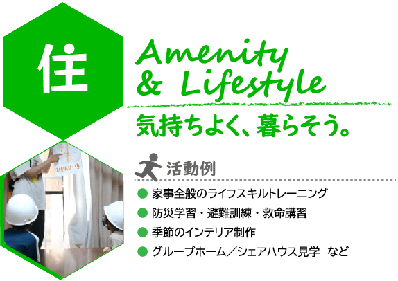 こどもILP　住（じゅう）　コンセプト
Amenity & Lifestyle
気持ちよく、暮らそう。
写真：防災用のヘルメットをかぶって防災訓練の説明を聞く様子
活動例：家事全般のライフスキルトレーニング
防災学習・避難訓練・救命講習
季節のインテリア制作
グループホーム／シェアハウス見学　など