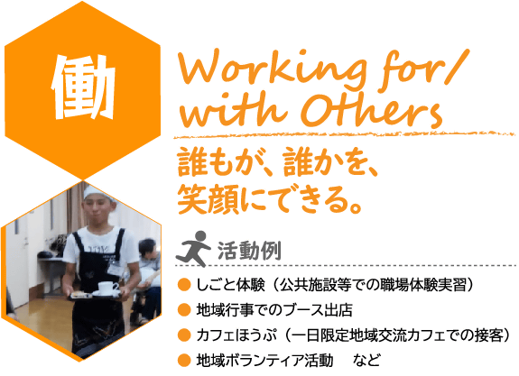 こどもILP　働（はたらく）　コンセプト
Working for / with Others
誰もが、誰かを、笑顔にできる。
写真：地域のサロンで接客のお仕事を体験している様子
活動例：しごと体験（公共施設等での職場体験実習）
地域行事でのブース出店
カフェほうぷ（一日限定地域交流カフェでの接客）
地域ボランティア活動　など