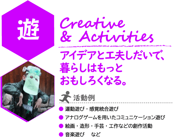 こどもILP　遊（あそぶ）　コンセプト
Creative Activities
アイデアと工夫しだいで、暮らしはもっとおもしろくなる。
写真：手作りのお面をかぶって記念撮影のポーズをとっている様子
活動例：運動遊び・感覚統合遊び
アナログゲームを用いたコミュニケーション遊び
絵画・造形・手芸・工作などの創作活動
音楽遊び　など