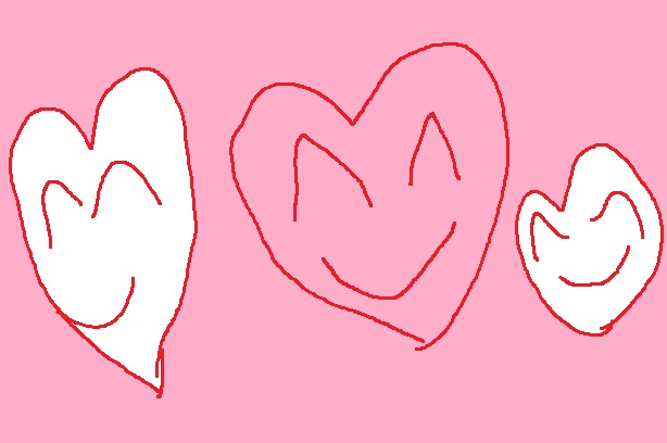 ピンクを基調としたハート形の手描きのスマイルマークが３つ並んでいる。